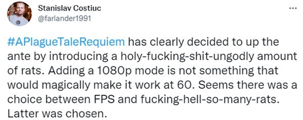 瘟疫传说安魂曲主机锁30帧 游戏开发者吐槽满屏老鼠