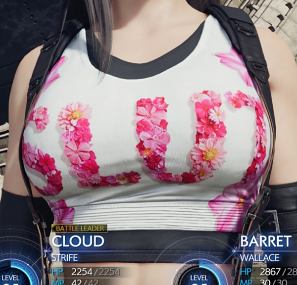 《最終幻想7：重生》蒂法上衣帶有Slut花體字MOD