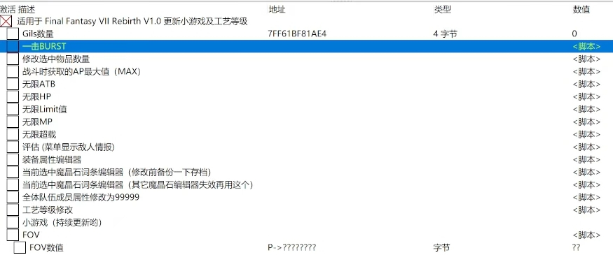 《最終幻想7：重生》ce修改器物品屬性修改ct表