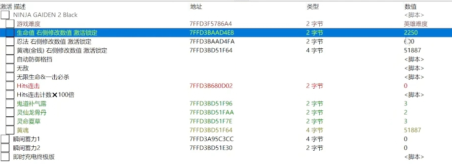 《忍者龍劍傳2：黑之章》ce修改器ct表v1.0.5.0【支持自動格擋、一擊必殺等】