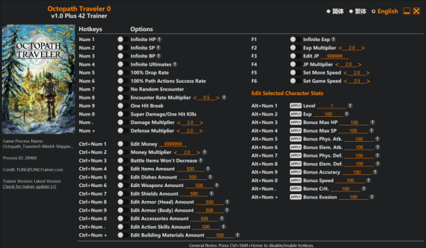 《歧路旅人0》四十二项功能风灵月影修改器v1.0