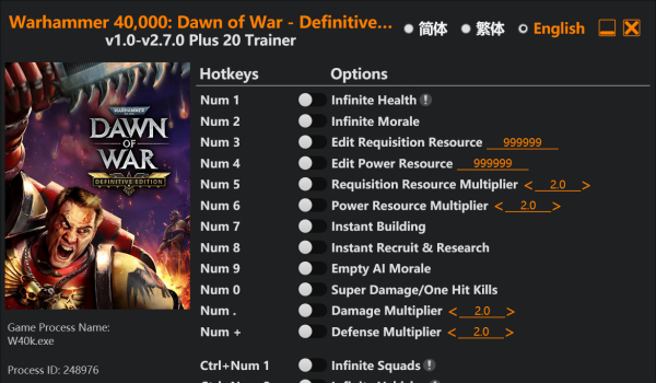 《战锤40K：战争黎明终极版》二十项功能修改器风灵月影版