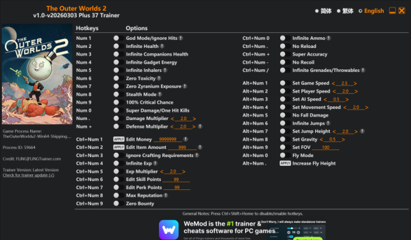 《天外世界2》三十七項(xiàng)功能修改器v1.0
