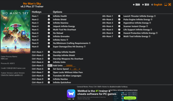 《无人深空》二十七项功能修改器