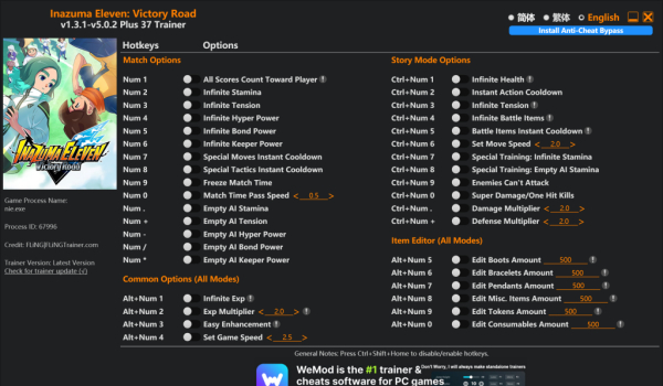 《闪电十一人：英雄们的胜利之路》三十七项功能修改器v1.3.1